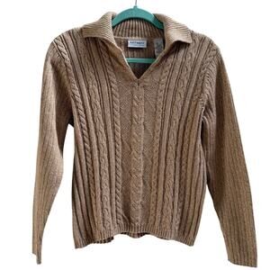 Villager Liz Claiborne Cable Knit Collared Sweater SZ L Tan Vintage Classic Prep